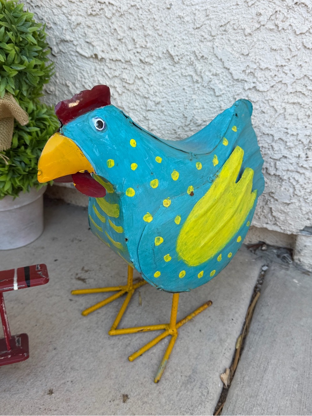 Decorative Blue & Yellow Metal Chicken Figurine for Birds Category